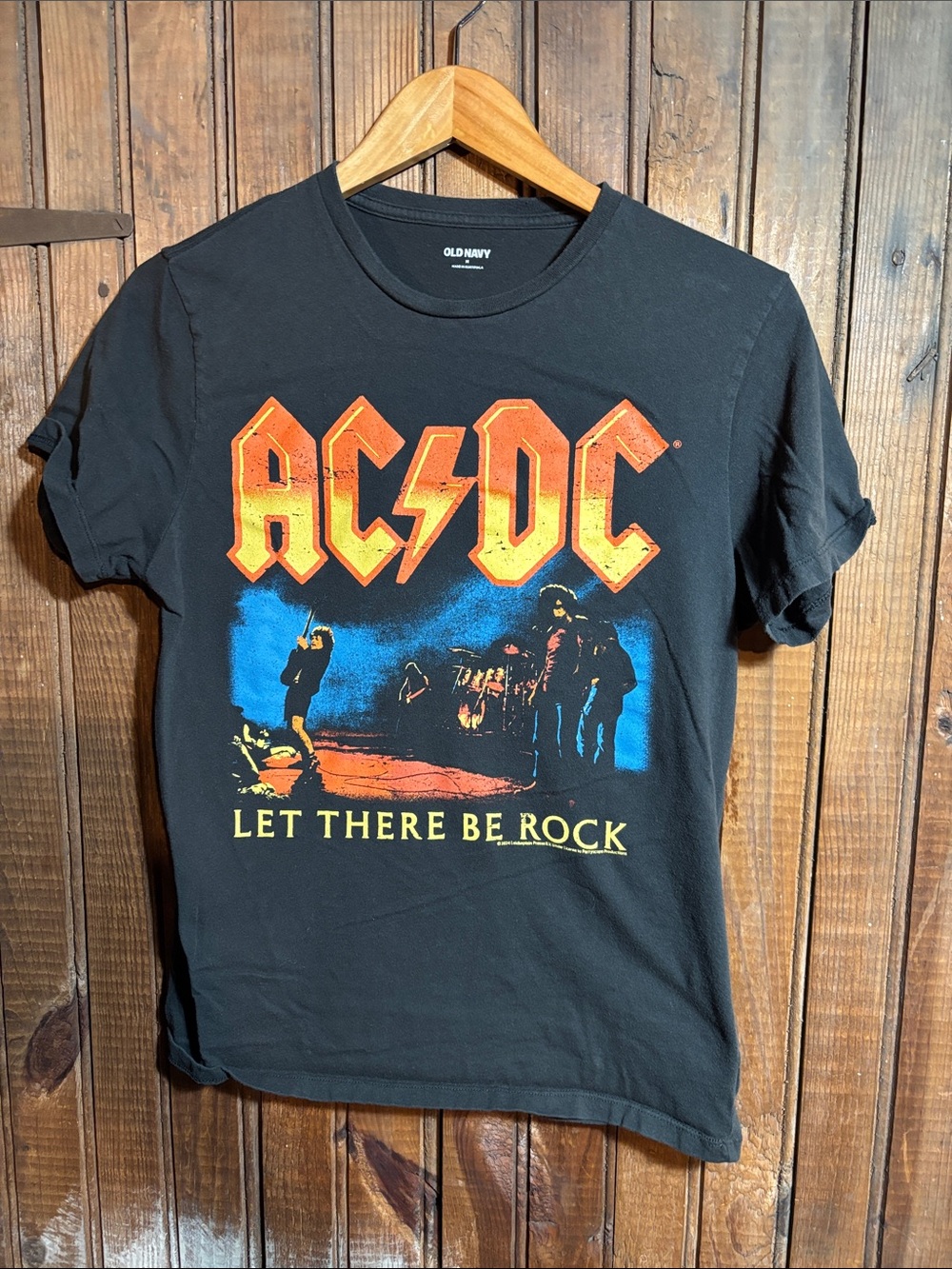 Old Navy Black AC/DC 'Let There Be Rock' Graphic Tee with Orange and Blue Print